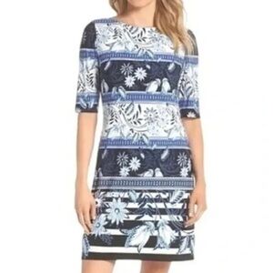 Eliza J Blue Floral Stripe Country Patchwork Shift Dress 3/4 Sleeves Size 2 XS